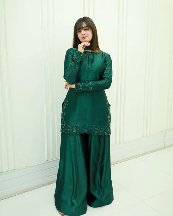 GV Emerald Silk 3-Piece Beaded  Suit | Luxury Pret