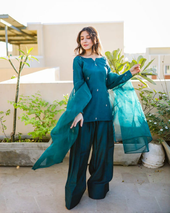 GV Teal Booti 3-Piece Silk Suit |  Luxury Pret