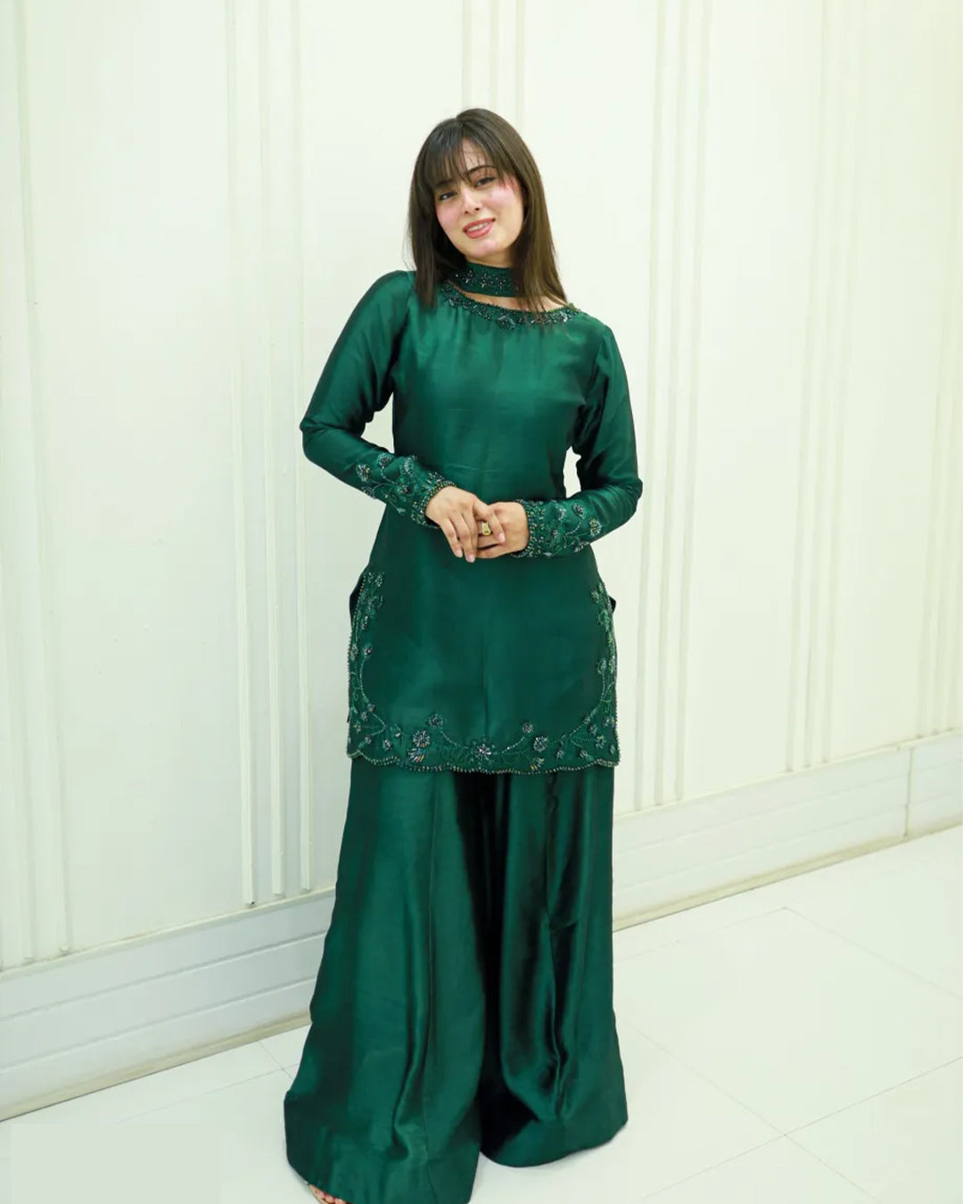 GV Emerald Silk 3-Piece Beaded  Suit | Luxury Pret