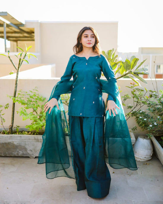 GV Teal Booti 3-Piece Silk Suit |  Luxury Pret