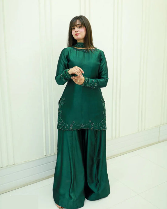 GV Emerald Silk 3-Piece Beaded  Suit | Luxury Pret