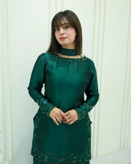 GV Emerald Silk 3-Piece Beaded  Suit | Luxury Pret
