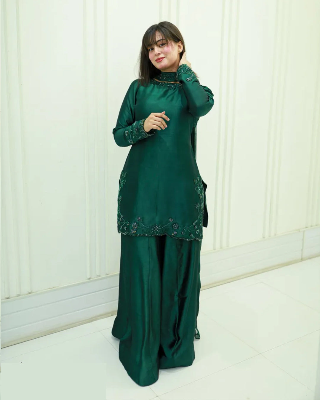 GV Emerald Silk 3-Piece Beaded  Suit | Luxury Pret