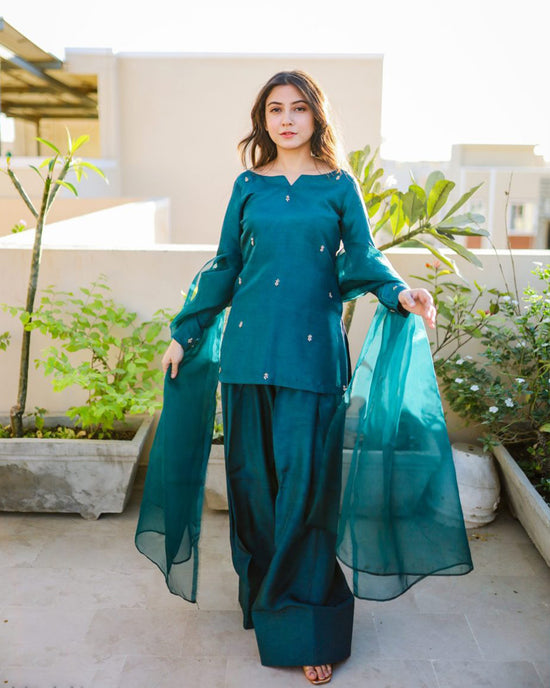 GV Teal Booti 3-Piece Silk Suit |  Luxury Pret