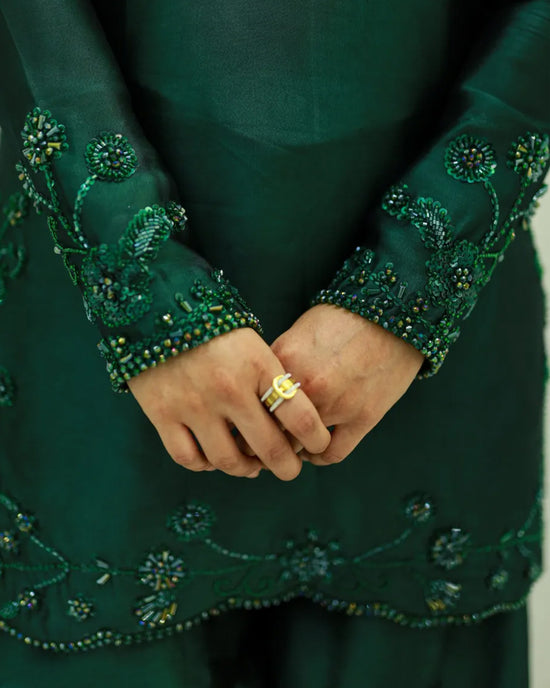 GV Emerald Silk 3-Piece Beaded  Suit | Luxury Pret