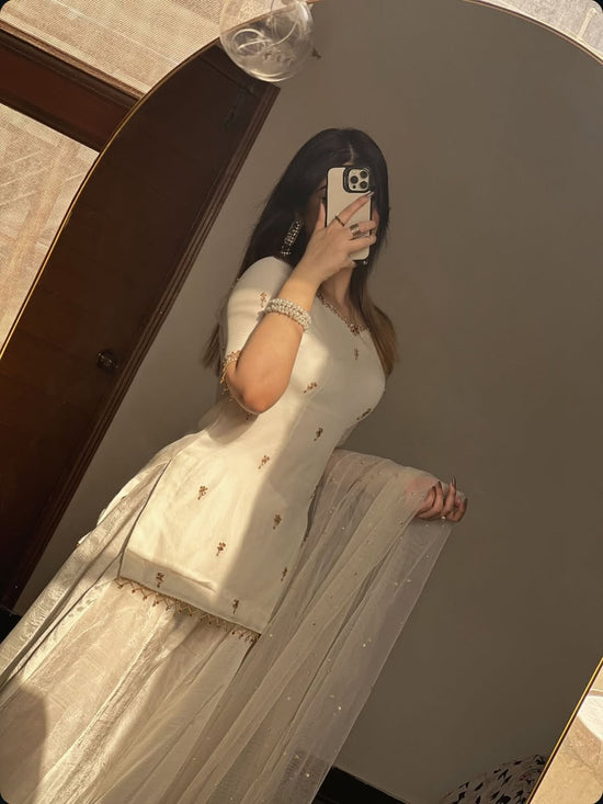 GV White Pearl Booti 3-Piece  Gharara Suit | Luxury Pret