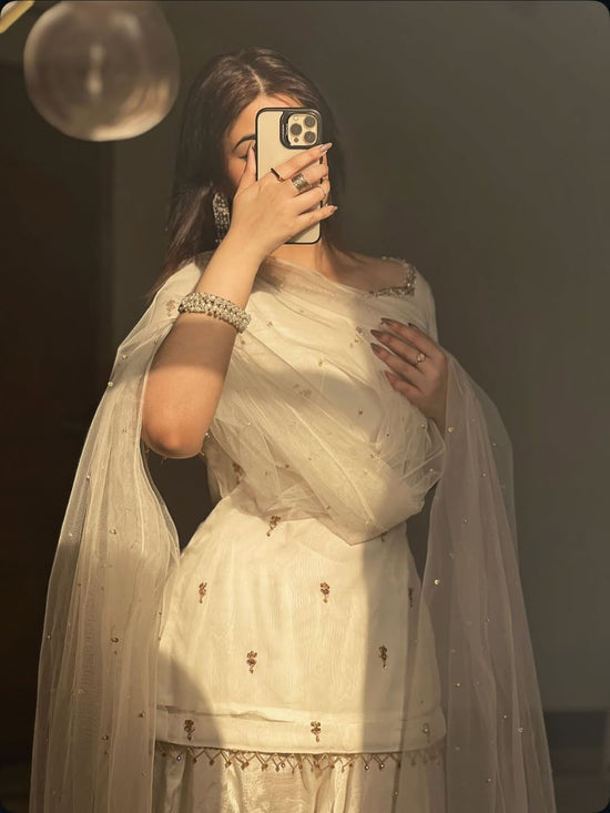 GV White Pearl Booti 3-Piece  Gharara Suit | Luxury Pret