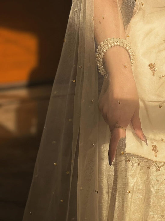 GV White Pearl Booti 3-Piece  Gharara Suit | Luxury Pret