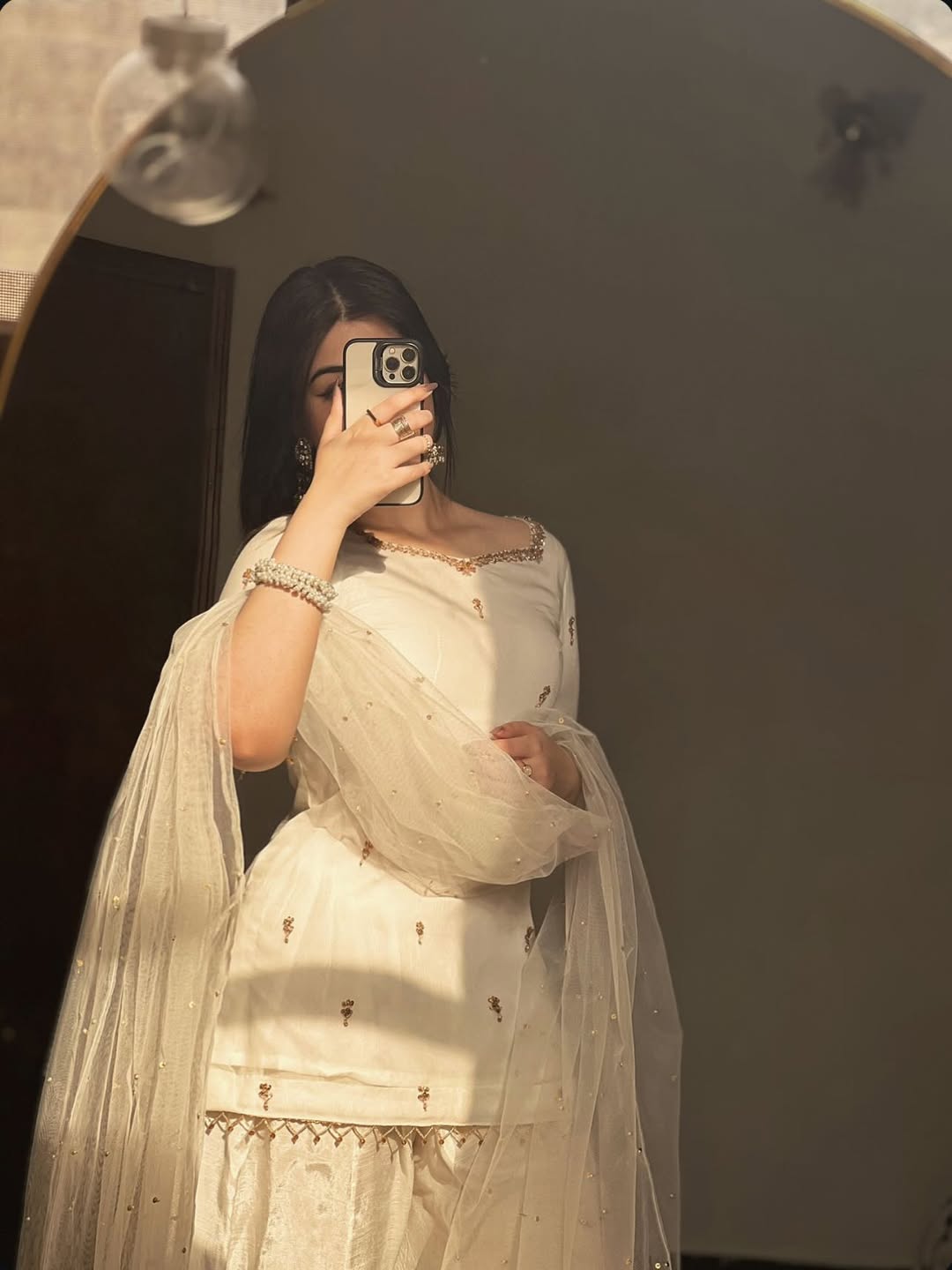 GV White Pearl Booti 3-Piece  Gharara Suit | Luxury Pret