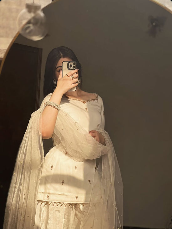 GV White Pearl Booti 3-Piece  Gharara Suit | Luxury Pret
