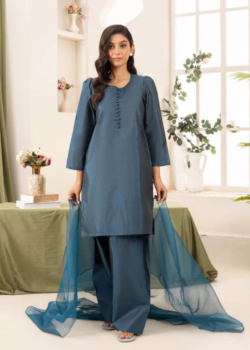 Gulvira Steel Teal 3-Piece Kurta Set | Festive Farshi Shalwar
