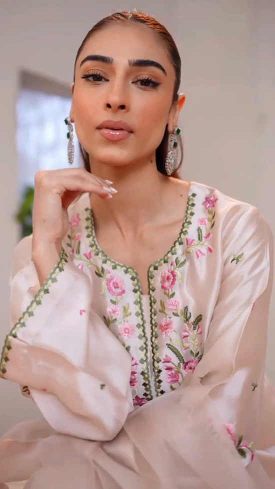 Gulvira Pastel Pink 3-Piece Silk Kurta Set | Winter Embroidered