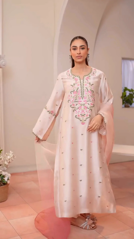 Gulvira Pastel Pink 3-Piece Silk Kurta Set | Winter Embroidered