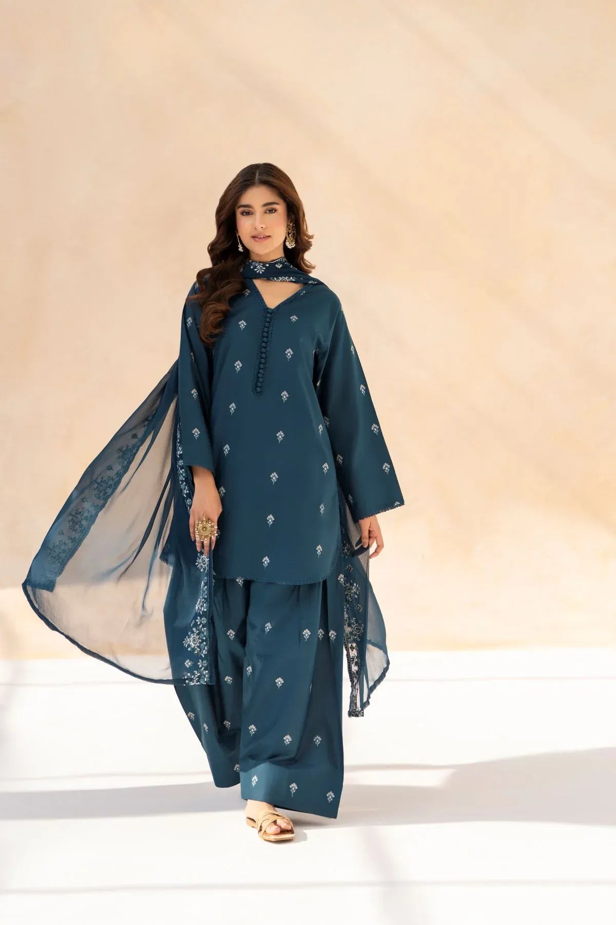 Gulvira Teal Bloom 3-Piece Cotton Lawn Embroidered Eid Suit