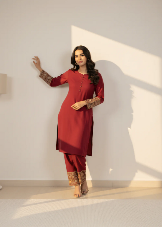 Gulvira Maroon 2-Piece Cotton Silk Co-ord Set | Everyday Elegant