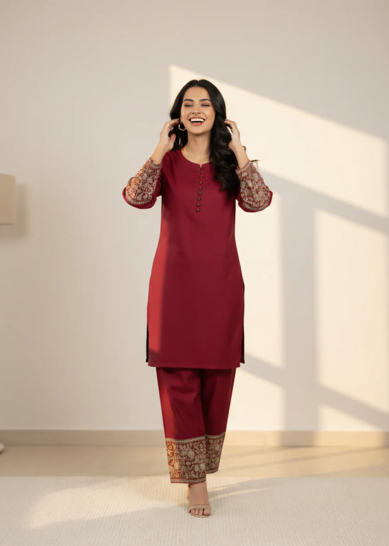Gulvira Maroon 2-Piece Cotton Silk Co-ord Set | Everyday Elegant