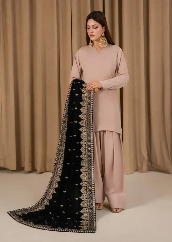 Gulvira Beige Korean Silk 3-Piece Kurta Set | Farshi Shalwar Winter Festive