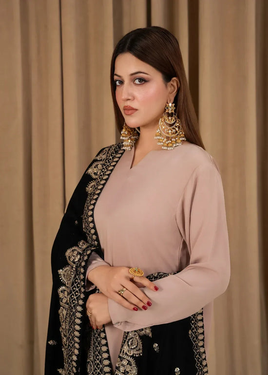 Gulvira Beige Korean Silk 3-Piece Kurta Set | Farshi Shalwar Winter Festive
