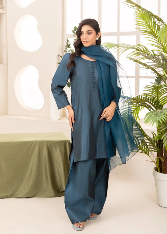 Gulvira Steel Teal 3-Piece Kurta Set | Festive Farshi Shalwar