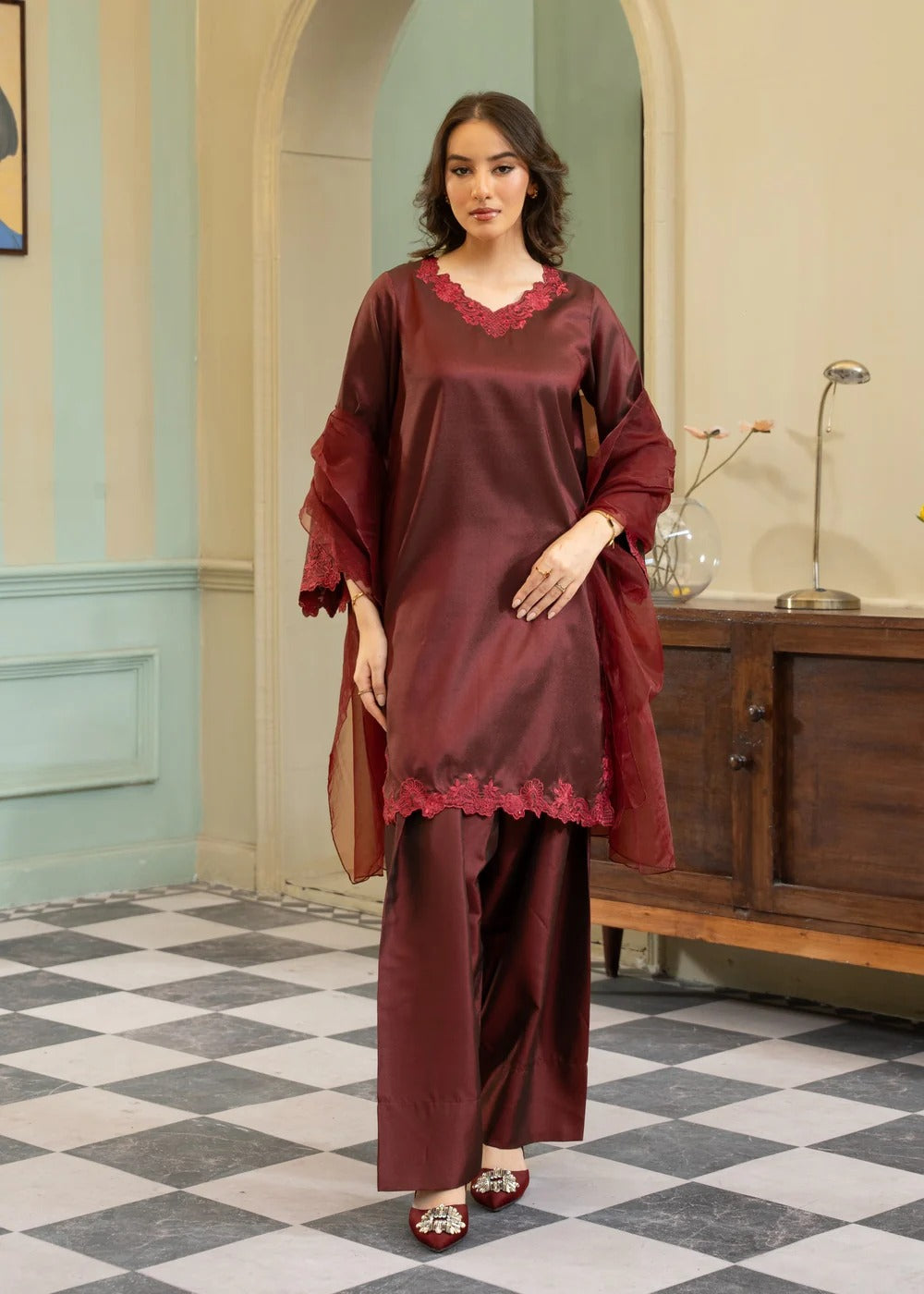 Gulvira Maroon 3-Piece Silk Embroidered Kurta Set | Festive Occasion