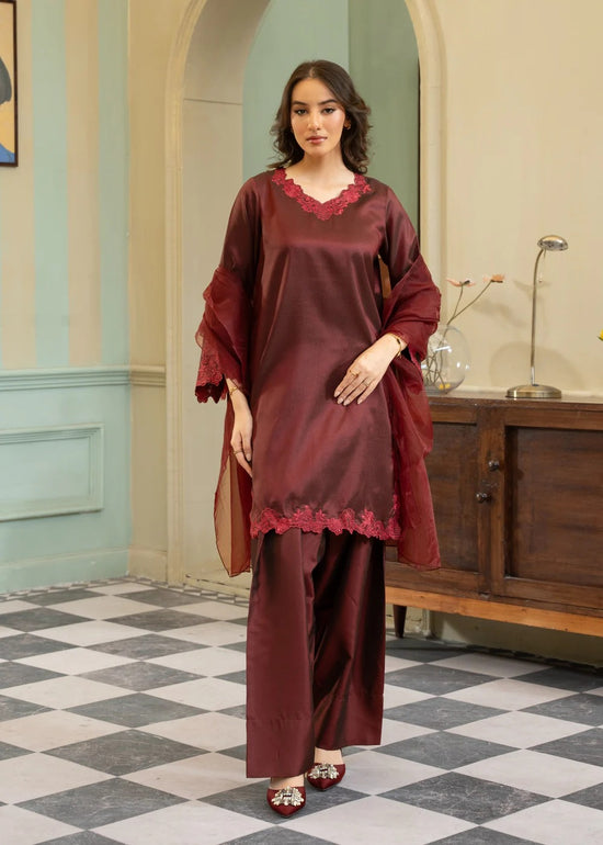 Gulvira Maroon 3-Piece Silk Embroidered Kurta Set | Festive Occasion