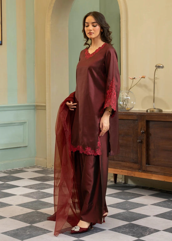 Gulvira Maroon 3-Piece Silk Embroidered Kurta Set | Festive Occasion