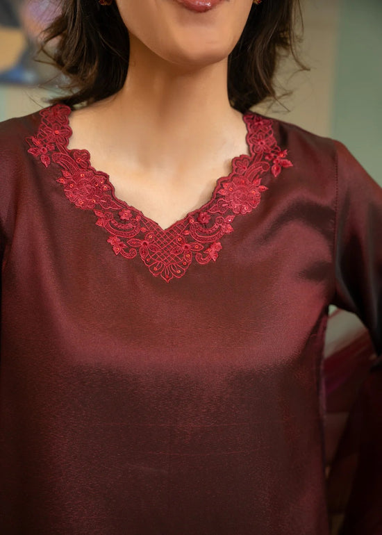 Gulvira Maroon 3-Piece Silk Embroidered Kurta Set | Festive Occasion