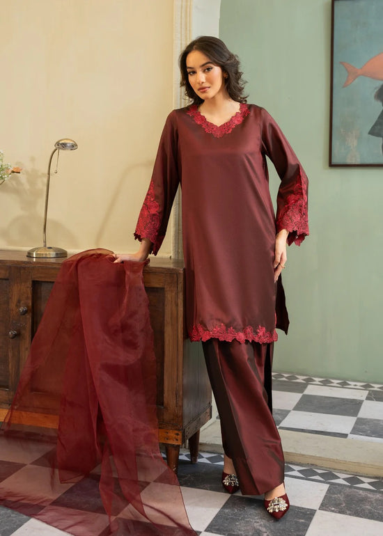 Gulvira Maroon 3-Piece Silk Embroidered Kurta Set | Festive Occasion