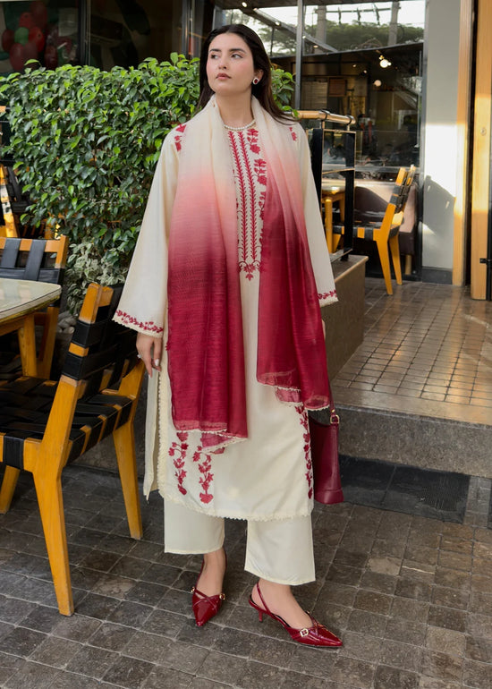 Gulvira Ivory Rose 3-Piece Embroidered  Suit | Luxury Pret