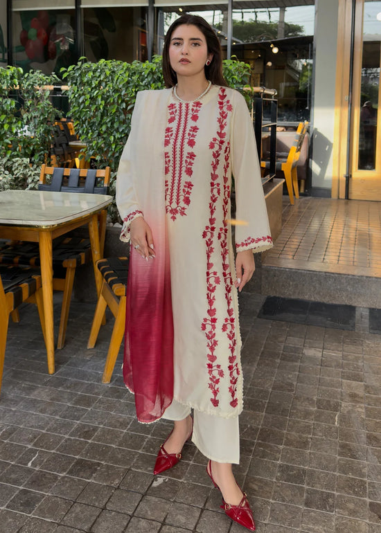 Gulvira Ivory Rose 3-Piece Embroidered  Suit | Luxury Pret