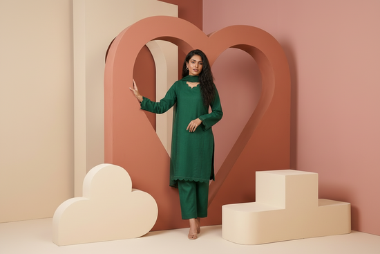 Gulvira Emerald Scallop 3-Piece Stitched Suit | Premium Pret