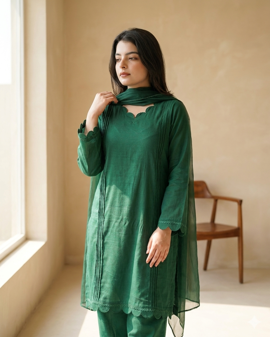 Gulvira Emerald Scallop 3-Piece Stitched Suit | Premium Pret